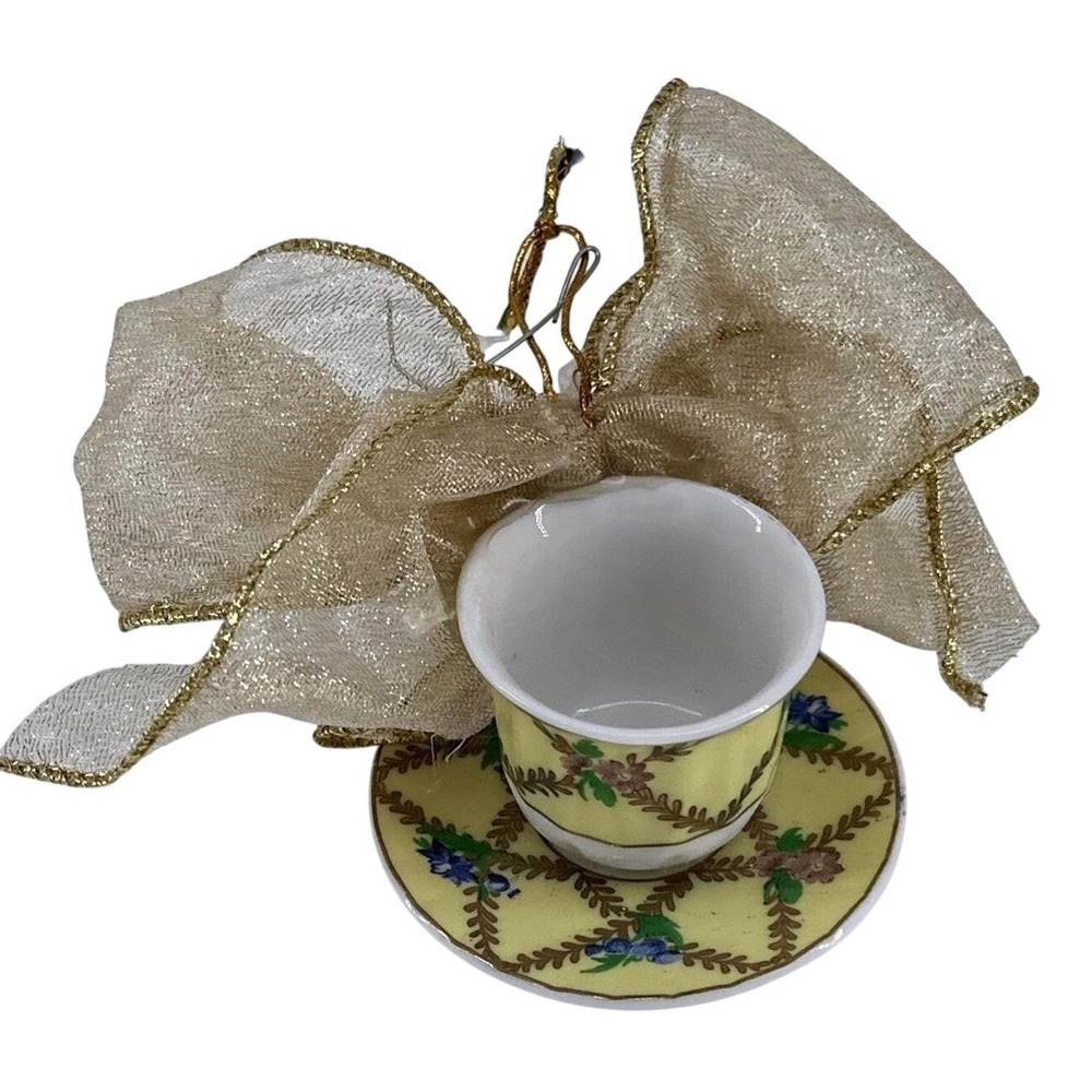 Vintage‎ Yellow Floral Tea Cup Saucer Set Gold Bow Ornament Decoration